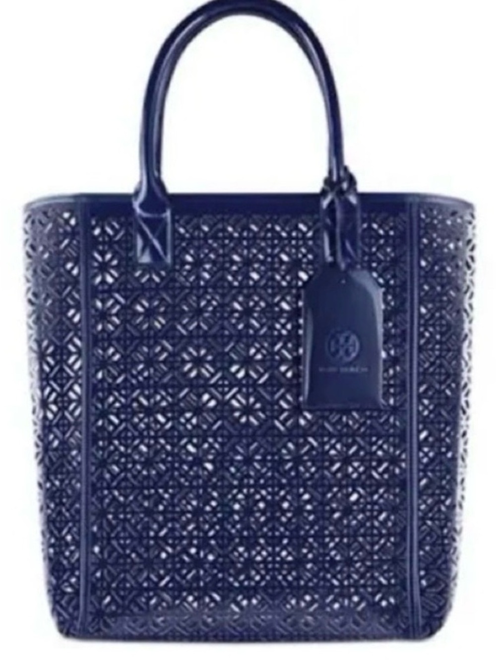 Tory Burch Navy Blue Laser-Cut Tote Bag with Tag ID Tag